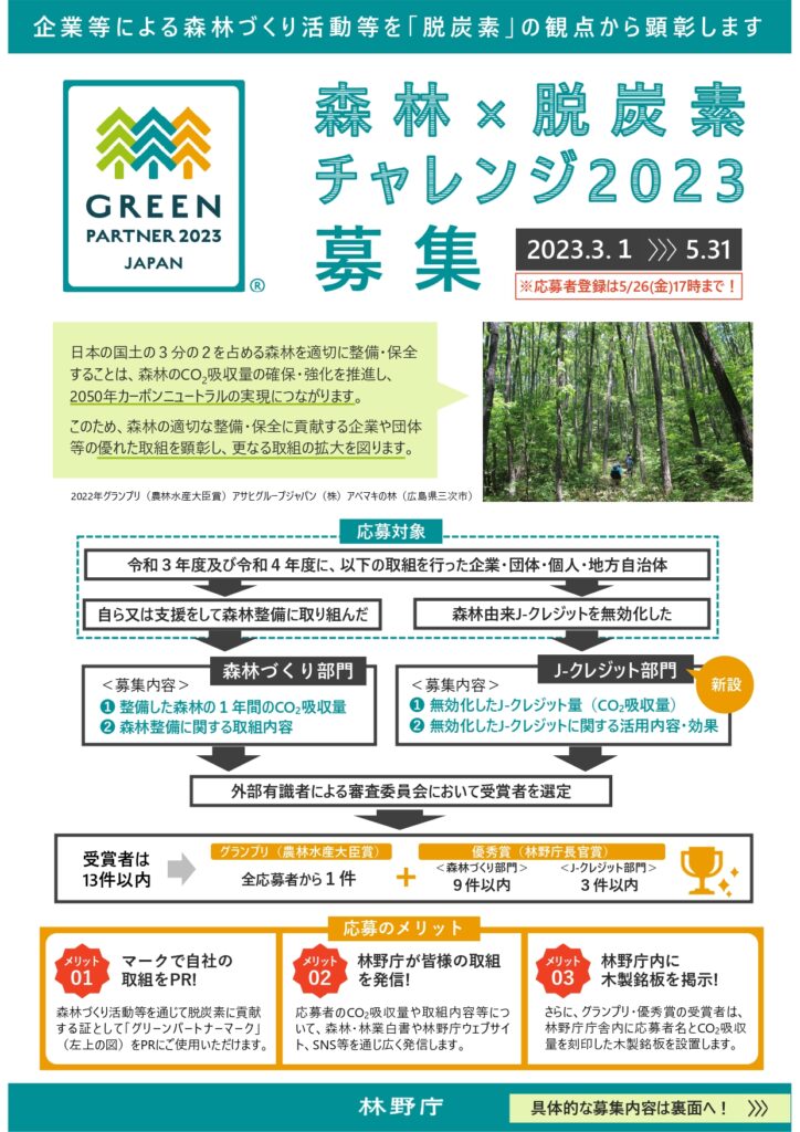 「森林×脱炭素2023」募集、J-クレジット部門を新設